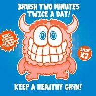 Image of brushing calendar cover. Blue background, orange grinning monster. Text: Brush two minutes twice a day! Keep a healthy 