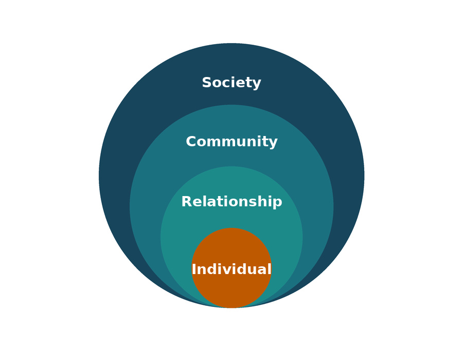 Diagram of the Social-Ecological Model showing four nested circles connected at the bottom, from outermost to innermost, society