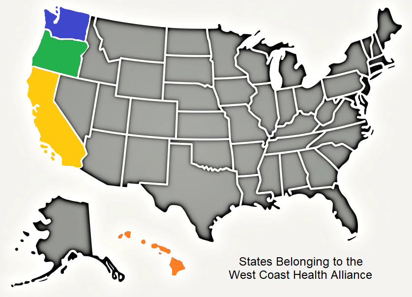 Map of the United States of America with Washingon, Oregon, California and Hawaii highlighted yellow