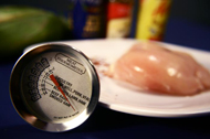 raw chicken and meat thermometer
