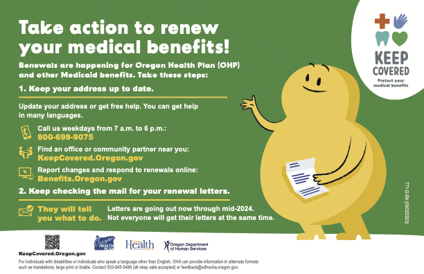 A yellow figure holding a peice of mail on a green background. At the top it reads 'Take action to renew your medical benefits'