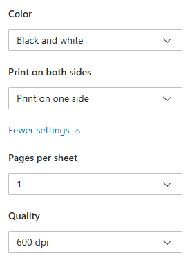 A screen capture showing the color and other options in the print window from Microsoft Edge.