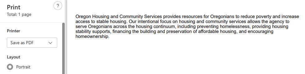 A screen capture showing the print window with a preview of the selected text to print.