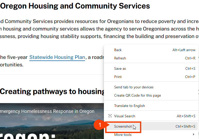 A screen capture showing right-click on a blank area of a web page and select Screenshot option.
