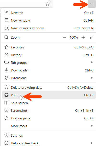 A screen capture showing the location of the Print menu in Microsoft Edge browser..
