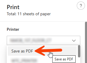 A screen capture showing the printer selection drop-down in the print window from Microsoft Edge.