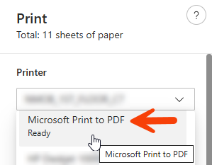 A screen capture showing the print to PDF selection drop-down in the print window from Microsoft Edge.