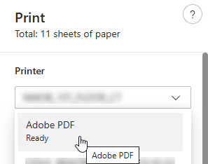 A screen capture showing the print to PDF selection when you are Adobe PDF ready in the drop-down in the print window from Microsoft Edge.
