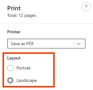 A screen capture showing the layout options in the print window from Microsoft Edge browser.