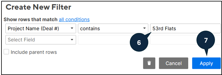 Graphical interface of pop up window in tracker showing where to type the name or deal number of the project and where to click Apply. 