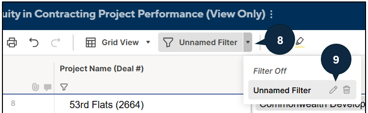 Graphical interface of pop up window in tracker showing where to click the arrow next to Unnamed filter and where the pencil icon is.
