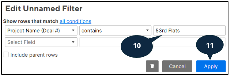 Graphical interface of pop up window in tracker showing how to adjust project name and where the Apply button is. 