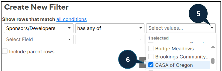 Graphical interface of pop up window in project tracker window and where to Select values and find sponsors or developers.
