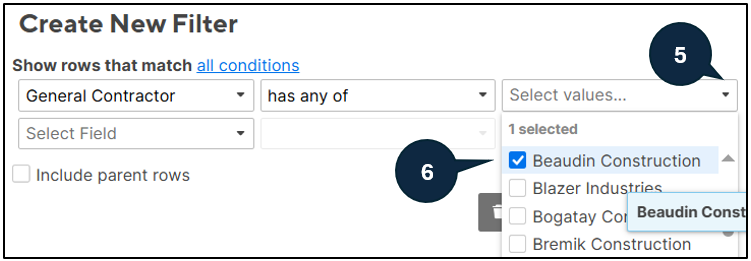 Graphical interface of pop up window in project tracker window and where to Select values and find general contractors.