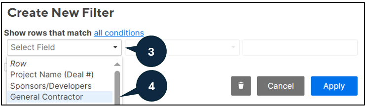 Graphical interface of pop up window in project tracker window and where to find General Contractor in field dropdown.  