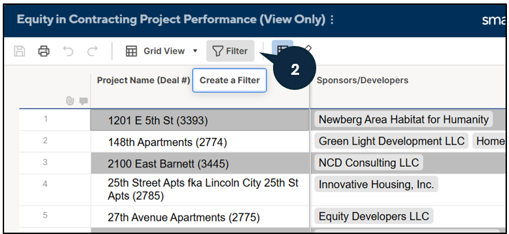 Graphical interface of Equity in Contracting Project Performance Tracker showing where to click filter in the top left navigation bar