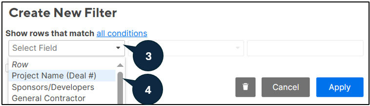 Graphical interface of pop up window in tracker show where to click the drop down for select field and where to select project name (Deal #).