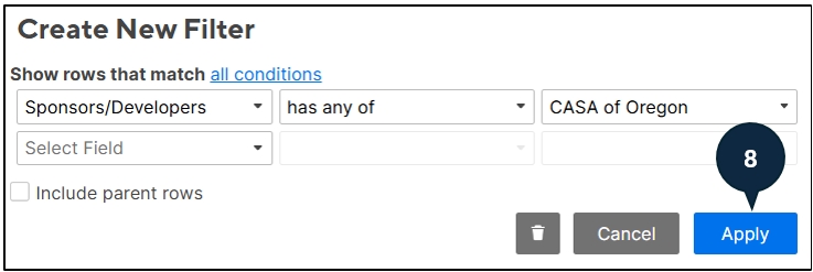 Graphic of pop up window in project tracker window and where Apply button is.