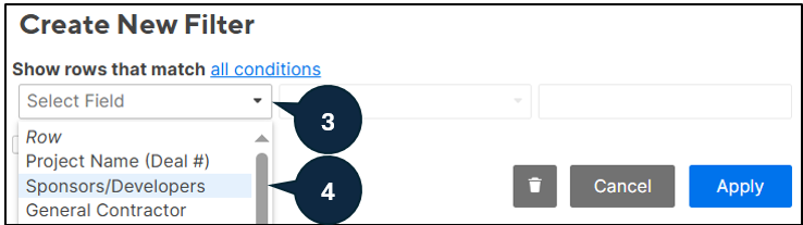 Graphical interface of pop up window in project tracker window and where to find Sponsors/Developers in field dropdown.