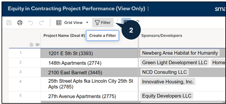 Graphical interface of project tracker window and where to find the Filter button. 