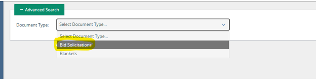 Screenshot of the advanced search option expanded and Bid Solicitations hilighted.