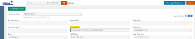 Screenshot of the organization tab in OregonBuys