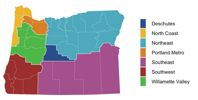 A map of Oregon describing counties divided into regions of the state.