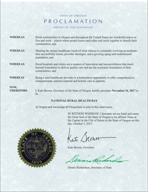 Oregon Rural Health Day proclamation