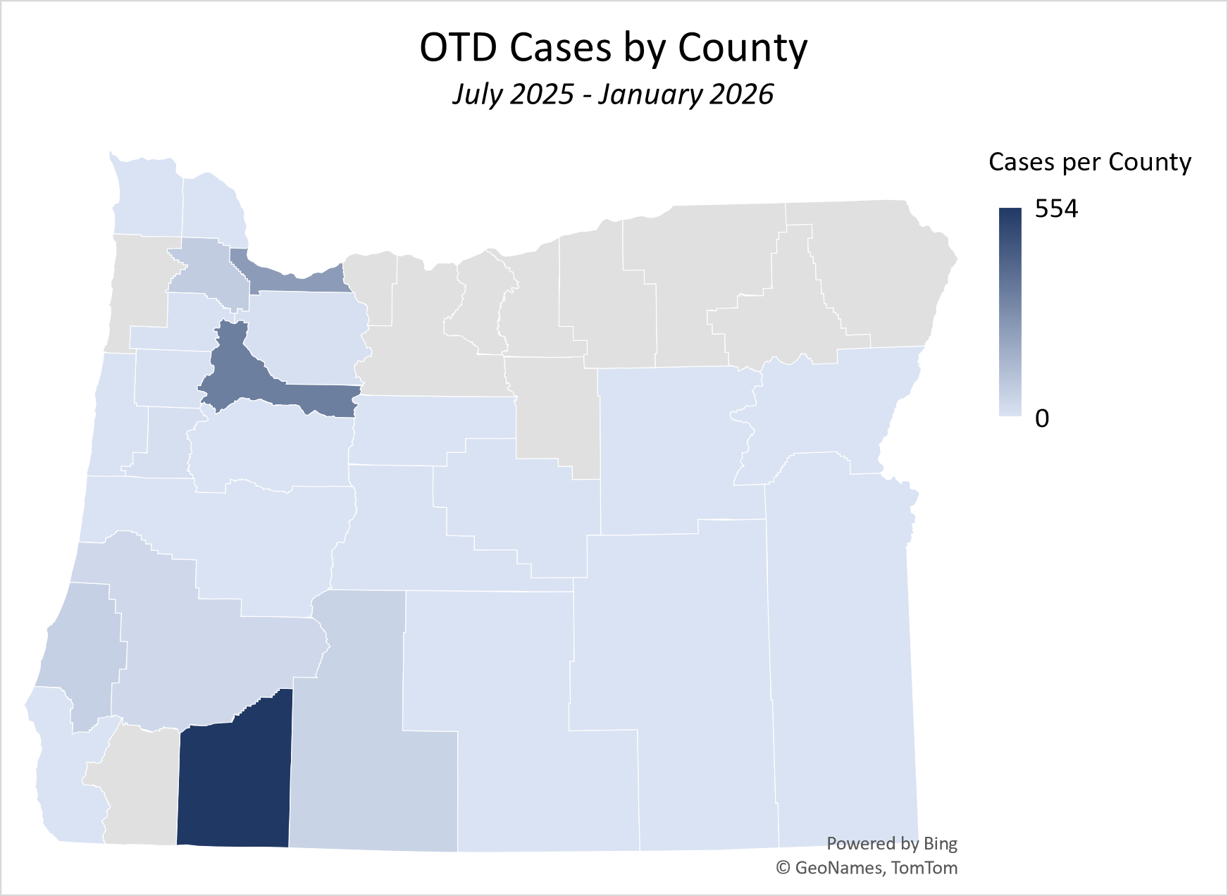 OTD Map Cases by County through Jan 31, 2026