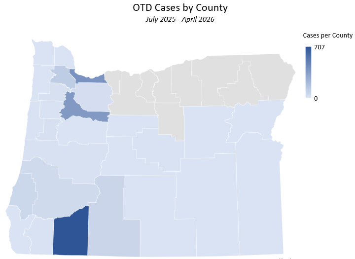 OTD Map Cases by County through March 31 2026