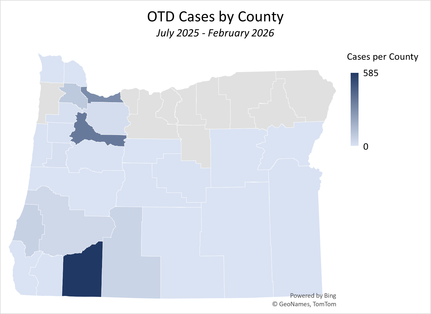 OTD Map Cases by County through Feb, 2026