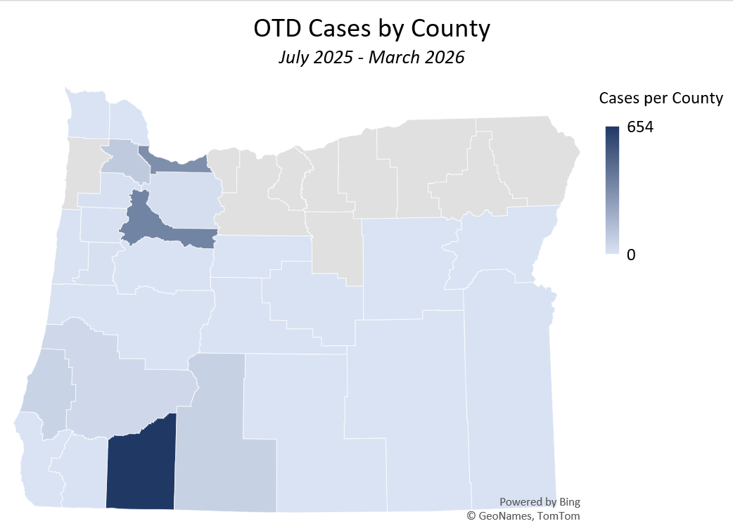 OTD Map Cases by County through March 31 2026