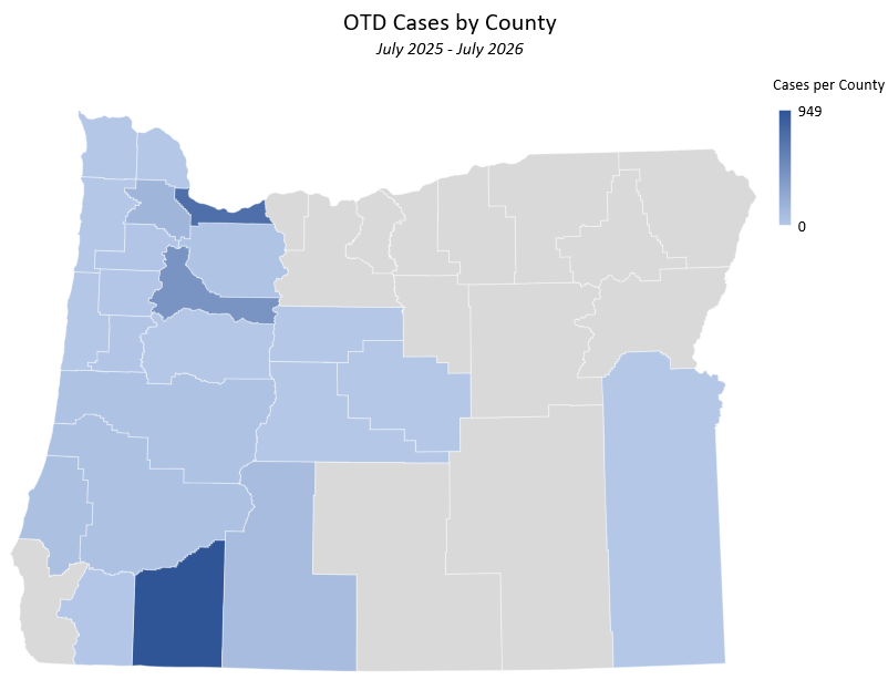 OTD Map Cases by County through March 31 2026