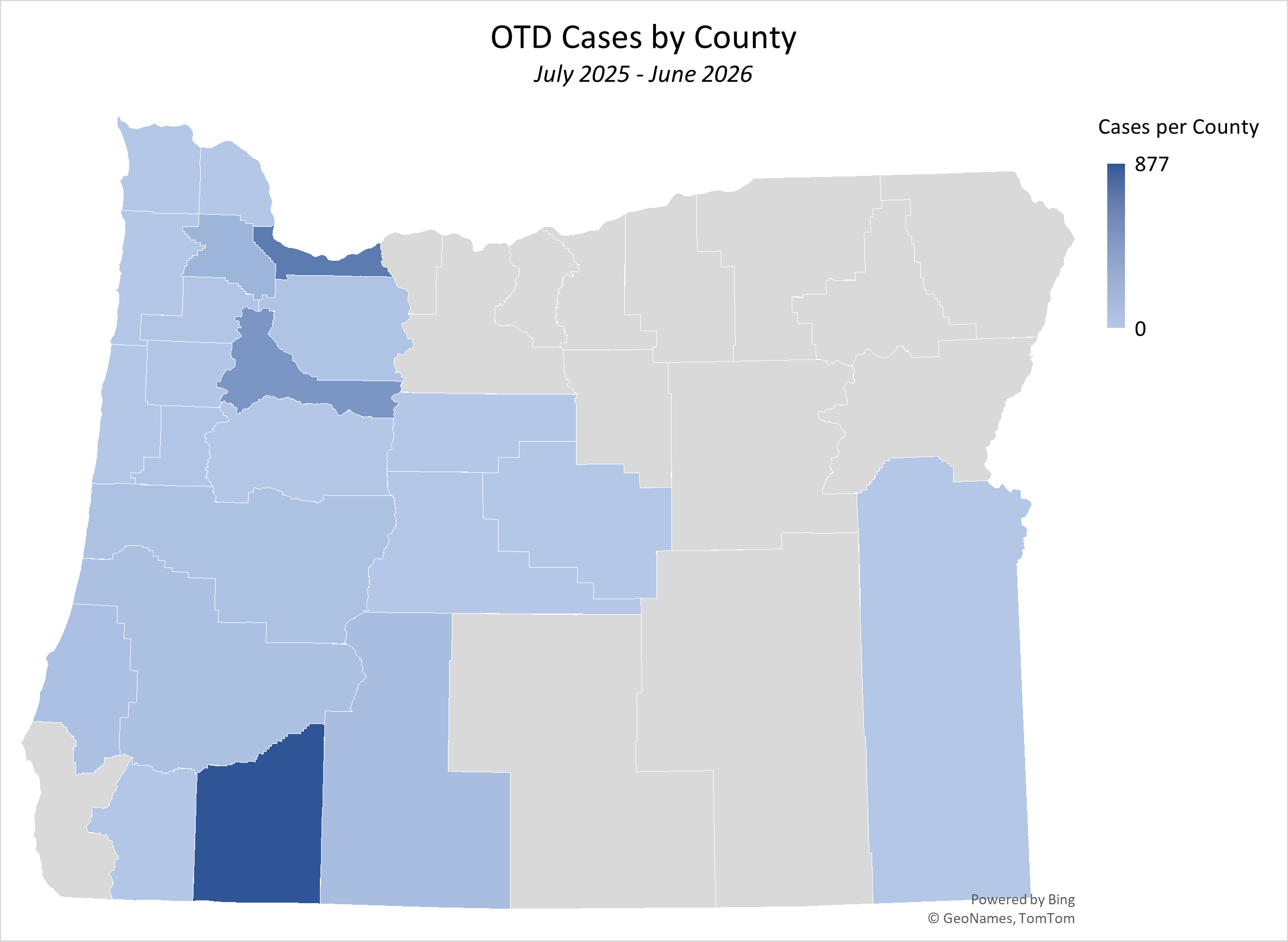 OTD Map Cases by County through March 31 2026