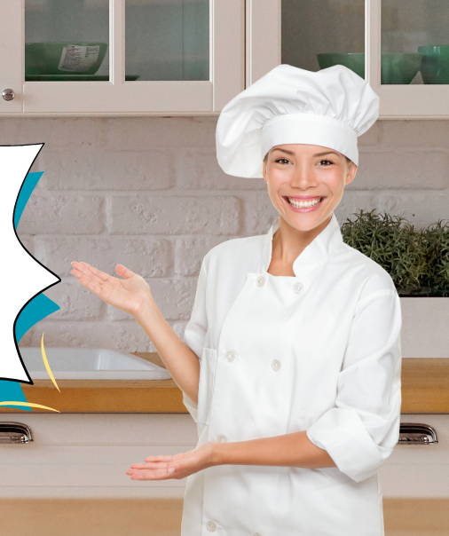 image reads:  a woman dressed in a chef's uniform.