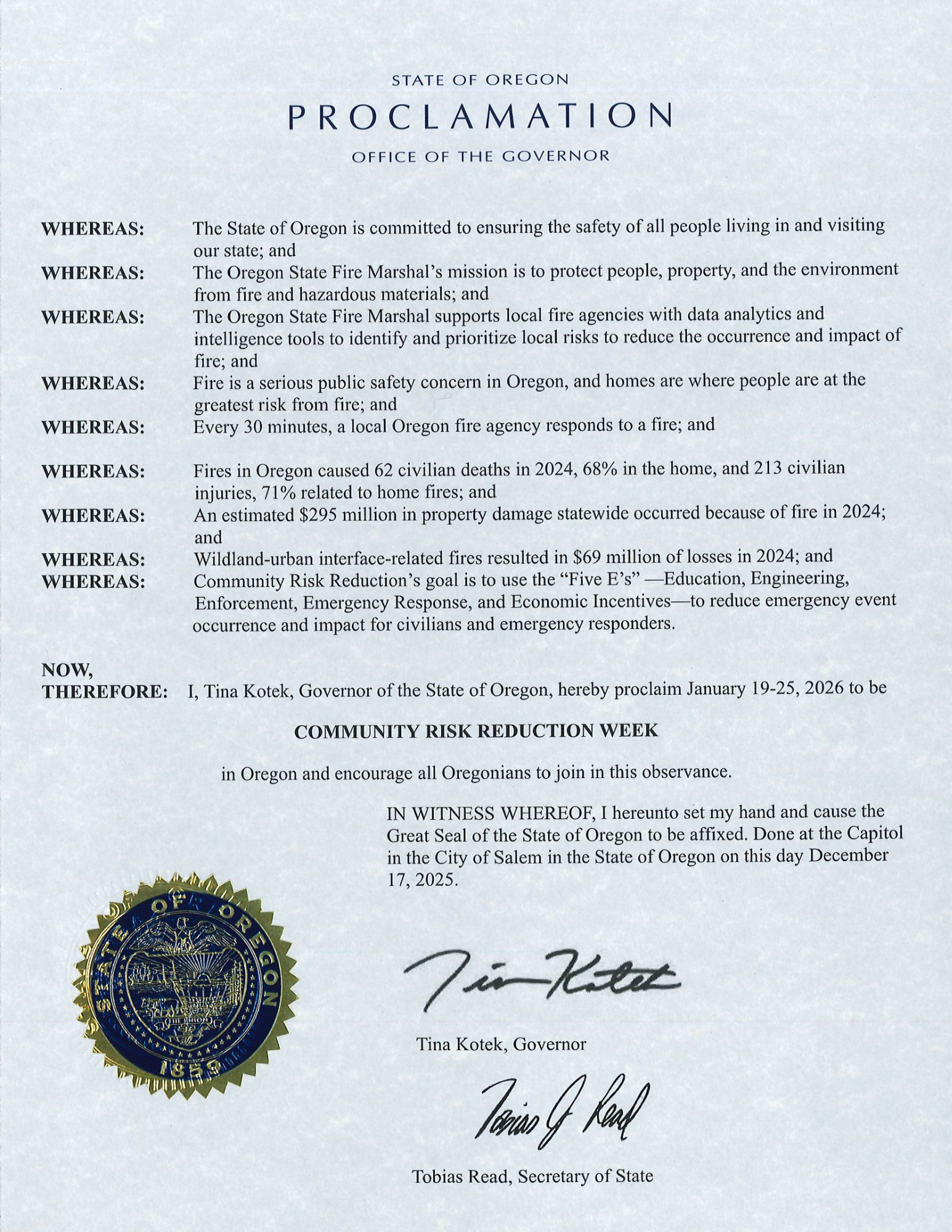 Official State of Oregon proclamation from the Office of the Governor declaring January 19–25, 2026 as Community Risk Reduction Week. The document lists public safety facts about fire risks in Oregon, including fire-related deaths, injuries, and property losses, and emphasizes prevention through education, engineering, enforcement, emergency response, and economic incentives. It is signed by Governor Tina Kotek and Secretary of State Tobias Read, dated December 17, 2025, and includes the state seal of Oregon.