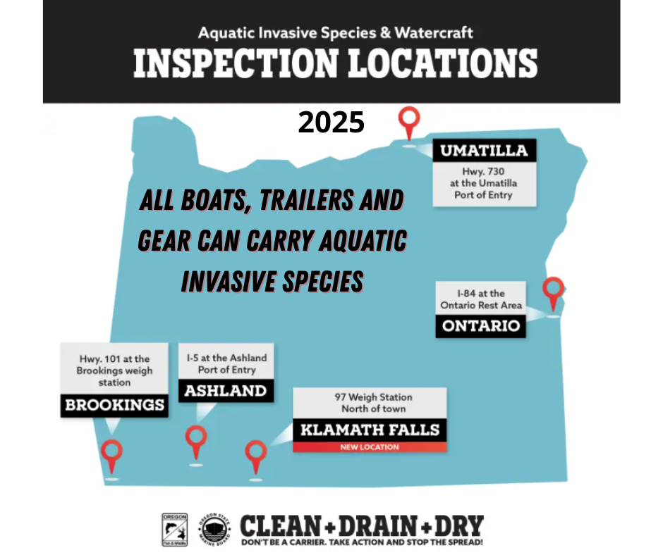 Infographic of locations of boat inspection stations coming into Oregon