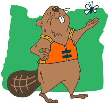 State beaver wearing a life jacket