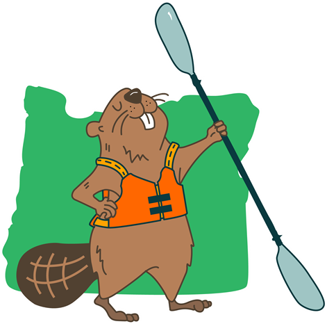 Graphic of a beaver wearing a life jacket and carrying a paddle