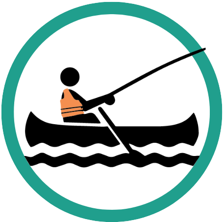 Canoe icon with person fishing wearing a life jacket