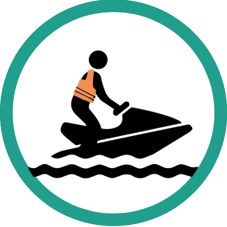 Graphic of a person wearing a life jacket operating a personal watercraft 