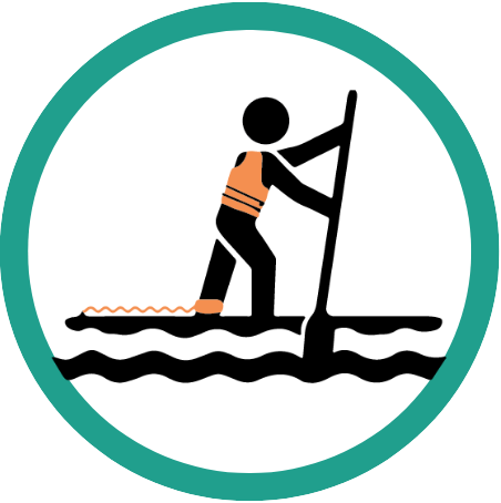 Graphic of stand up paddleboarder wearing a life jacket and ankle leash