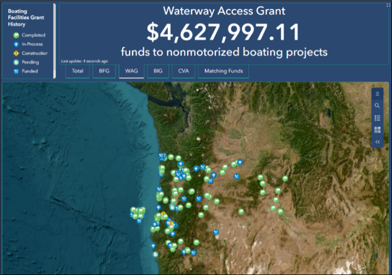 Image of the Boating Facilities Grant History Dashboard, Waterway Access Grants tab
