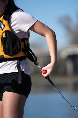 Prepare -Quick release leash attached to a life jacket. For use on moving water.