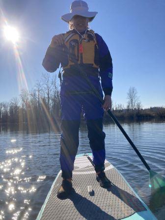 Prepare -Stand Up Paddleboarder with cold water gear, quick release leash, life jacket, whistle and hat