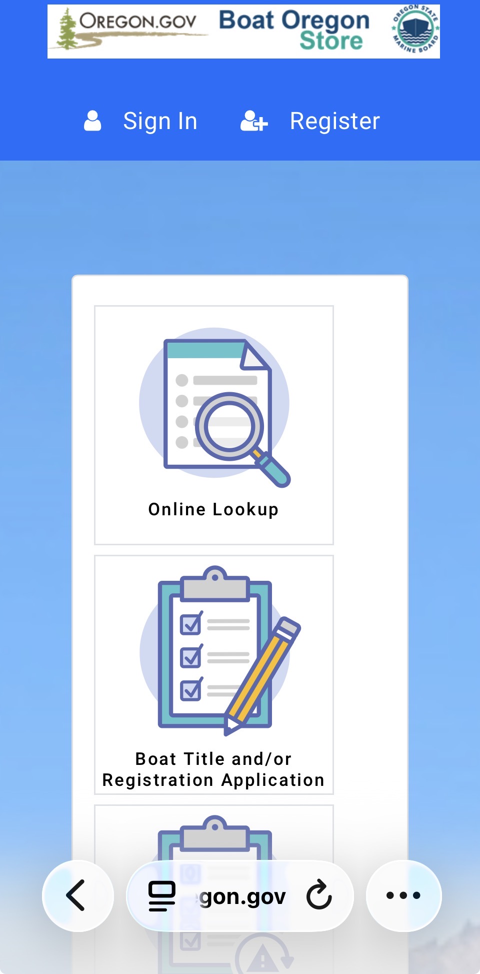 Mobile view of the Boat Oregon Store landing page