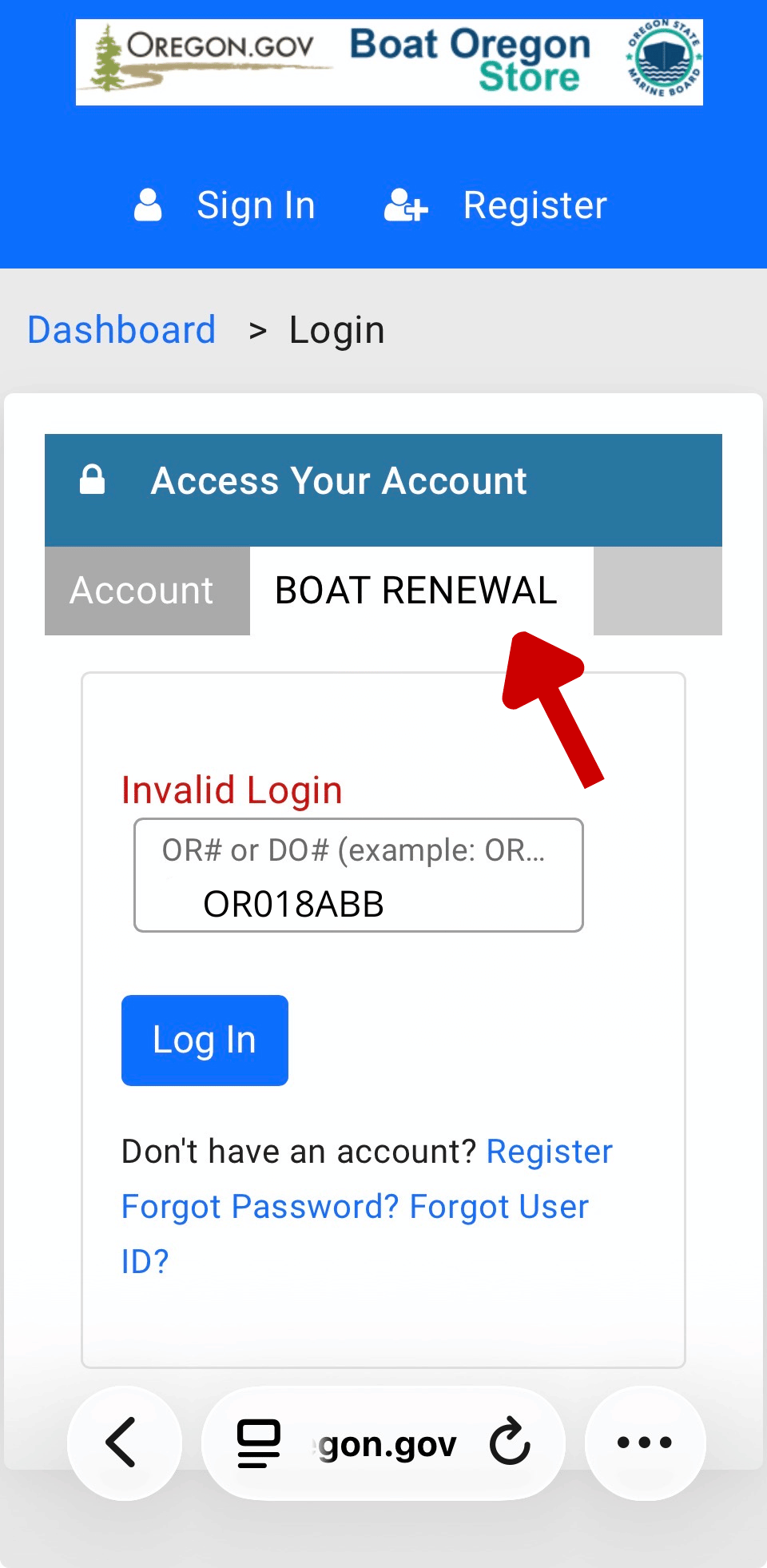 Image of "Invalid Login" result 