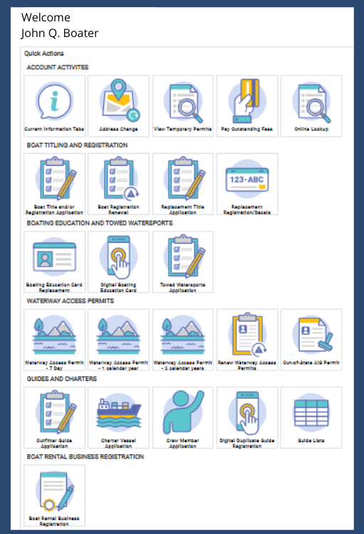 Image of transaction types to select from once logged in to the Boat Oregon Store