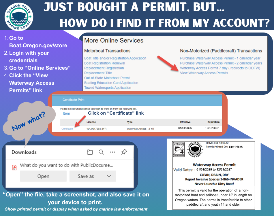 How to print a Waterway Access Permit from your Boat Oregon Store account
