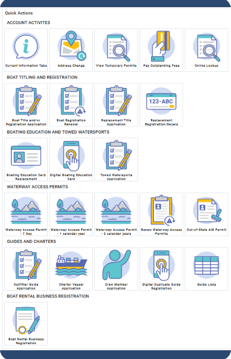 Screen with button selections for different service categories